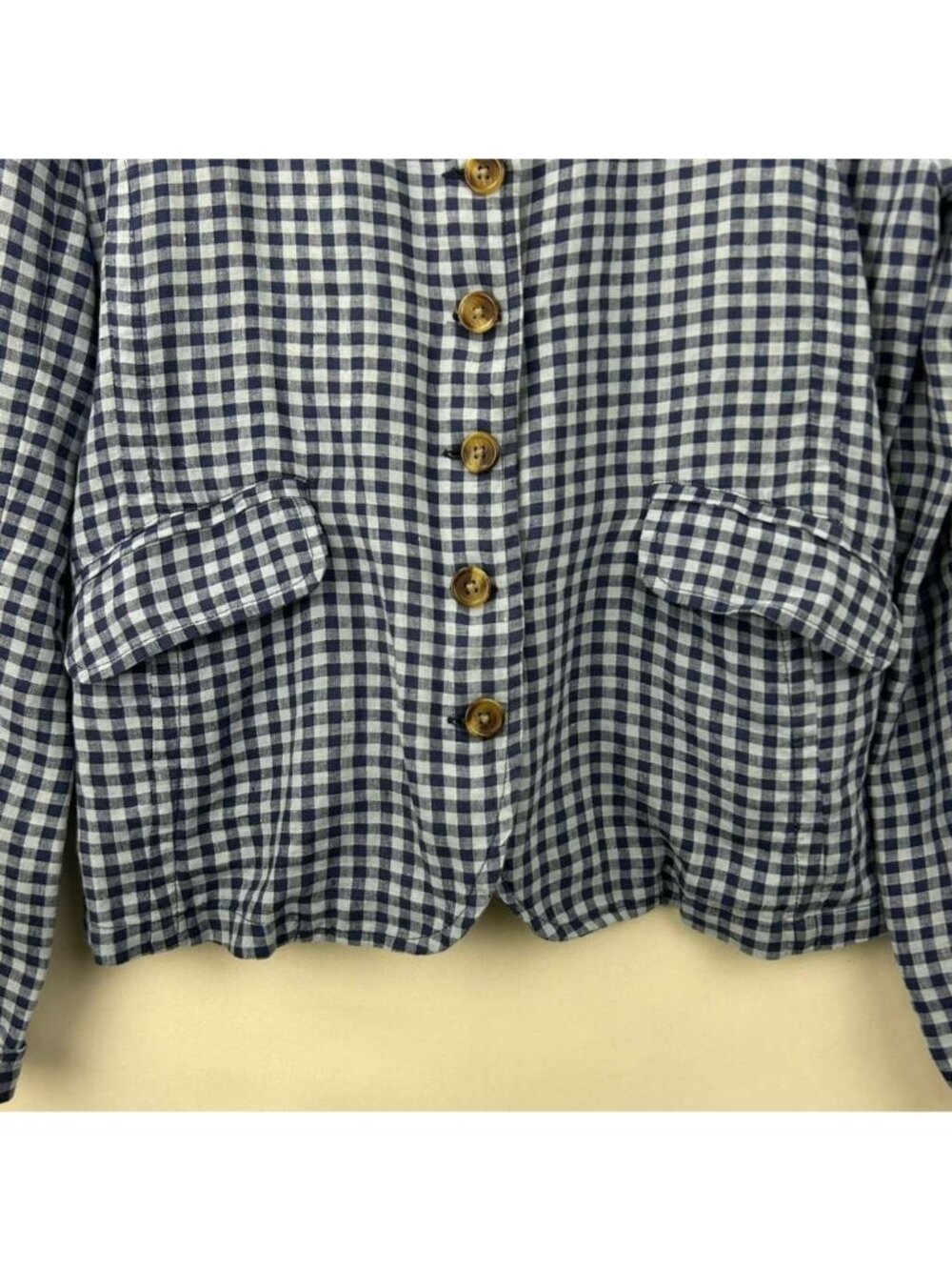 Sundance Ziri Blazer Jacket Women's Medium Blue 100% Linen Ginham Button Up - Picture 13 of 15